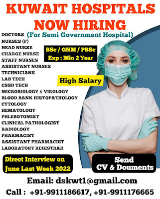 Direct Interview for Doctors, Nurses and Paramedical Staffs to Kuwait Hospitals
