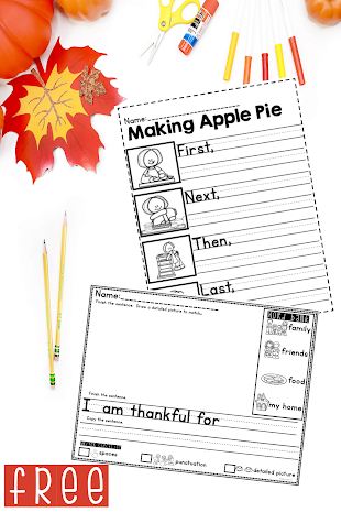 Free November writing prompts that are perfect for a kindergarten classroom.  These engaging prompts work perfectly as a literacy center activity, left for a sub, as homework, morning work or for early finishers.