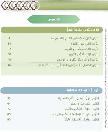 فهرس كتاب الطالب تربية اسلامية الصف الرابع الفصل الأول2021