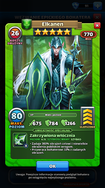 ELKANEN - Bohater NATURALNY - zielony - MAX - info karta - Empires & Puzzles - 5 GWIAZDEK