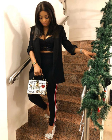 Toke Makinwa flashes boobs in lingerie top