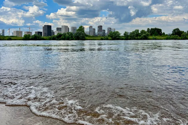 Северный берег Строгинской поймы, Москва-река, вид на Тушино