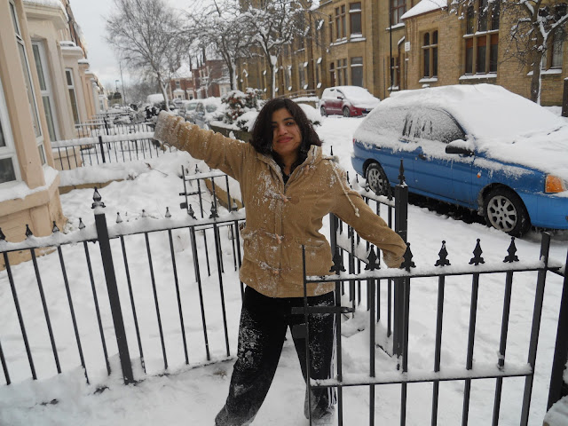 Snow,  North England, Newcastle Upon Tyne, Winters,  Snowman, Weather.This year Scotland and the North of England has received record breaking snowfall in the month of November. The last time it snowed this much was in 1985. More records seem to be next in line to be broken as the snow continues to fall. Luckily for me, I happened to be at the right place at the right time to witness this. Following pictures have been shot near our home in Newcastle-Upon-Tyne.This picture has been clicked from my skylight. This was the first day of snow. You can still see the black road below. However, this was just the beginning. You will see much more snow in the next few photos. In fact, it has snowed so much that we made a snowman in our front yard. This is Sujata collecting snow for the snowman.Sujata again with a big ball of snow. Her trophy...You can see the base of the snowman. We had to make it quite bulky so that it can support the weight of a round belly and a head.Sujata getting the branches for the arms.The birth of Harry, the snowman. Its creators posing proudly. In this pic, you can see five happy smiles.﻿Me and Harry. Harry had borrowed Aasif's glasses for this pic. A full length picture of Harry. ﻿Harry's Eyes are made of the milk-bottle caps. Its nose is a carrot and its mouth has been stuffed with Tomato ketchup, which gives Harry a bad breath.Me standing next to our neighbour's car in our street.Me after a snow-fight with a friend