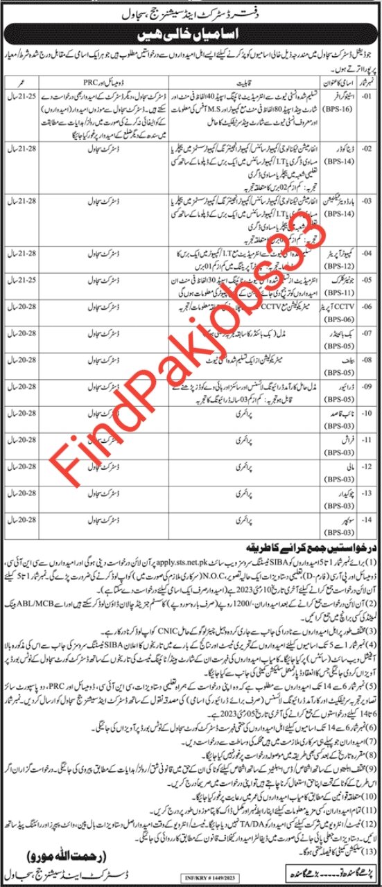 Office of District and Sessions Judge Sajawal Jobs 2023