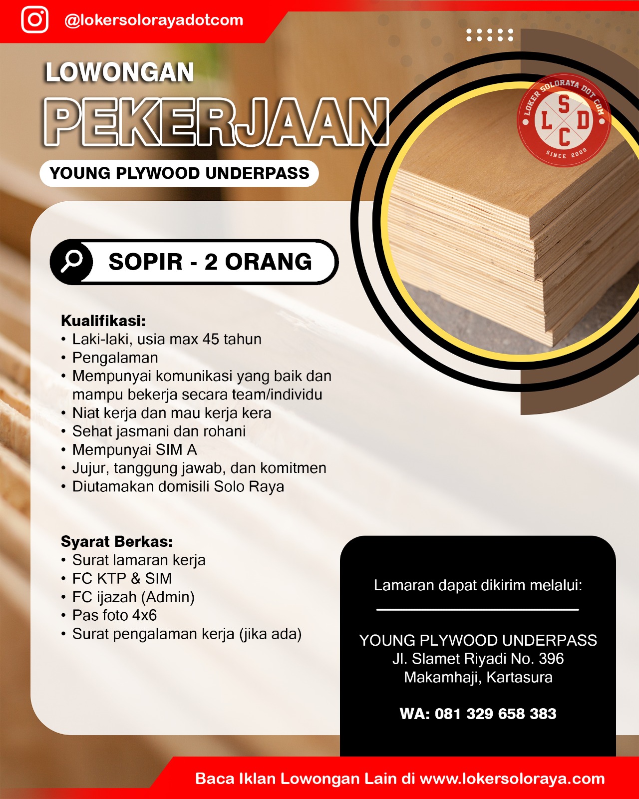 Lowongan Kerja Sukoharjo Mei 2025 di Young Plywood Underpass