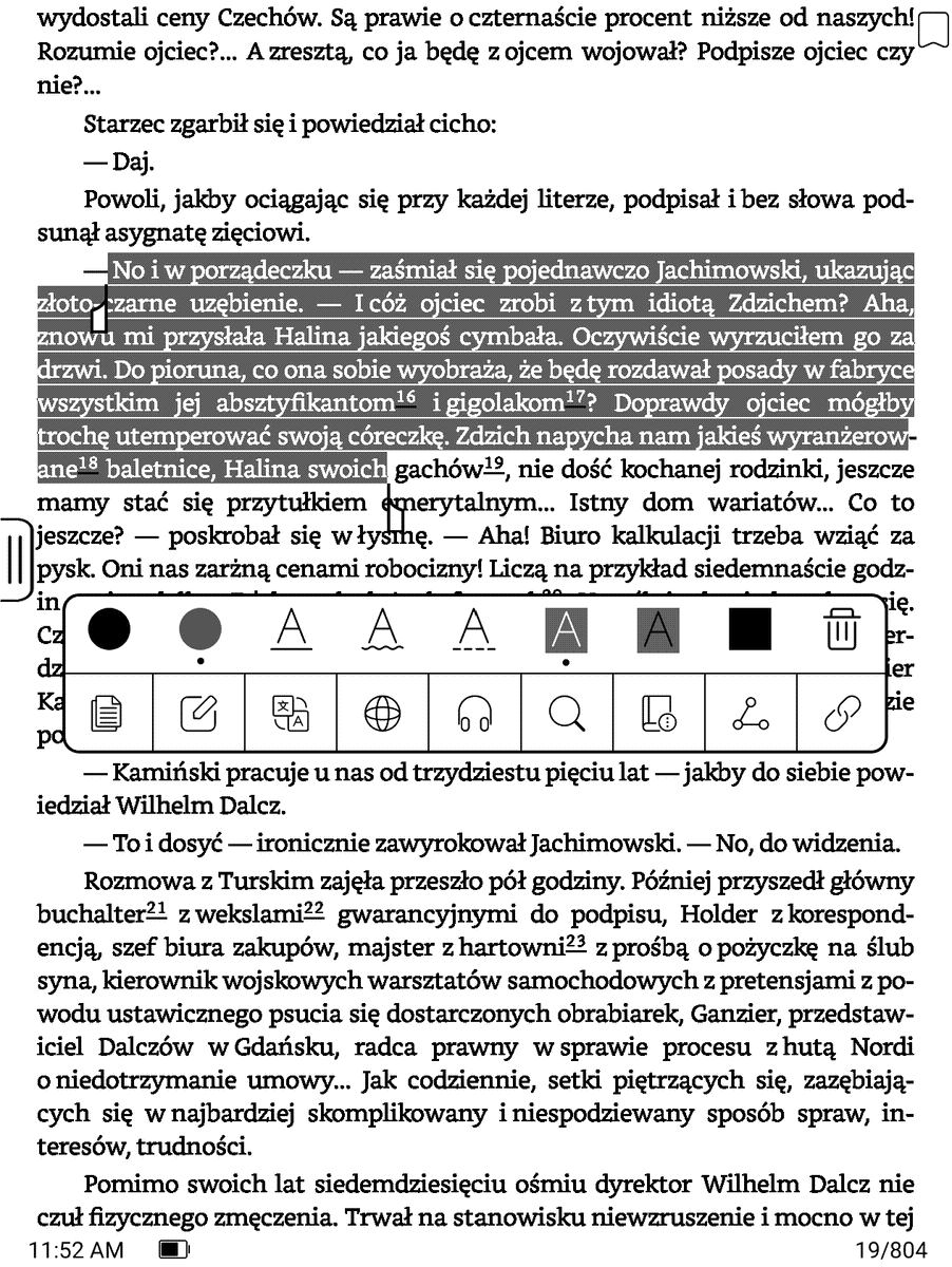 Onyx Boox Leaf – osiemnastoelementowe menu pojawiające się podczas zaznaczania tekstu