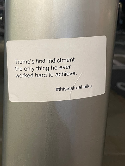 Sticker: Trump's first indictment/the only thing he ever/worked hard to achieve. - #thisisatruehaiku