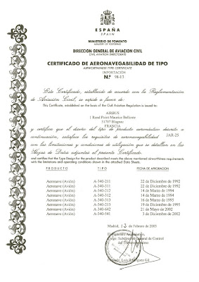 Certificado de Aeronavegabilidad del Airbus A340, emitido por la DGAC