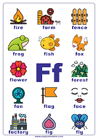 Printable alphabet poster - letter F with pictures - classroom wall decoration