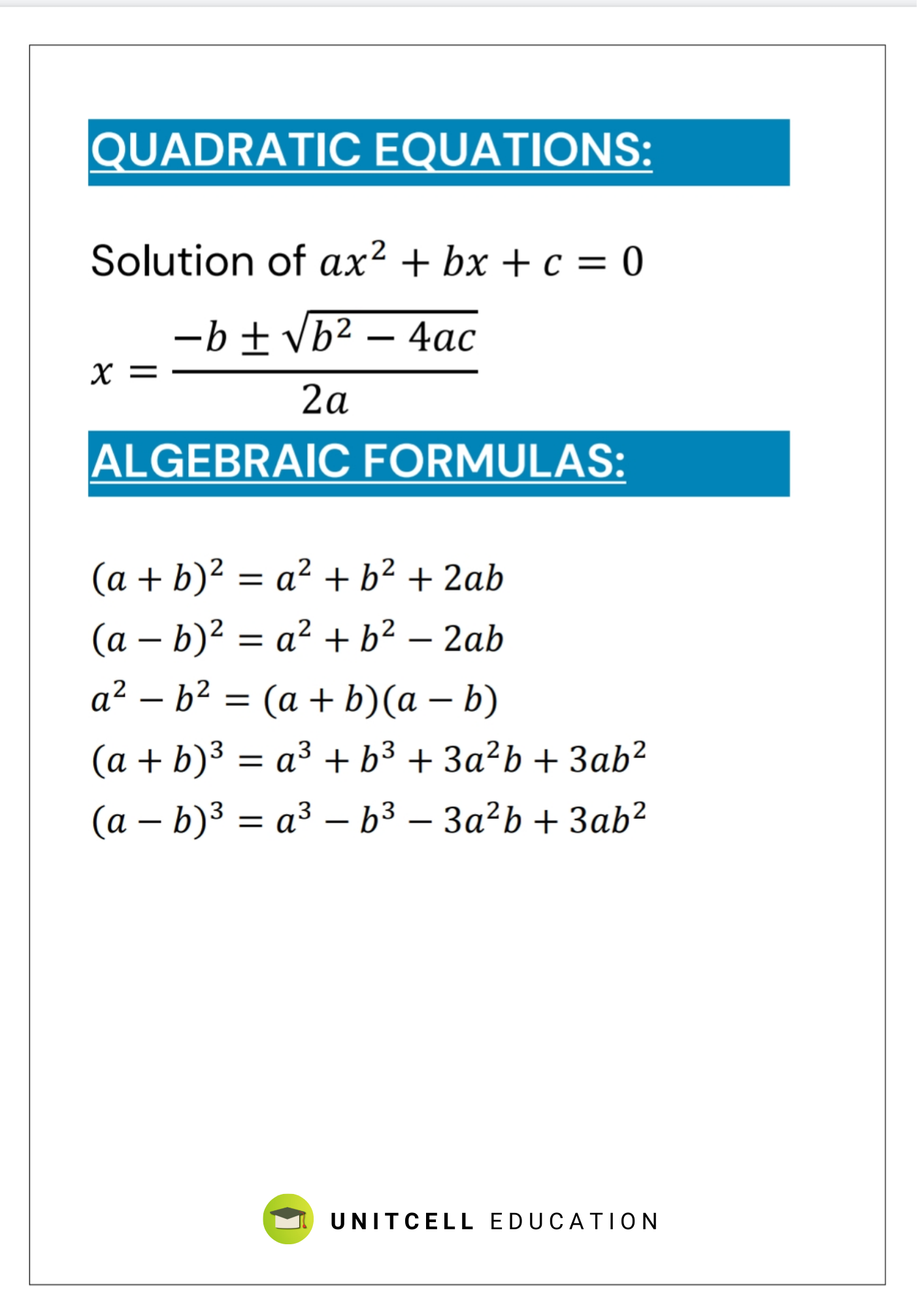 quadratic equations formulas
