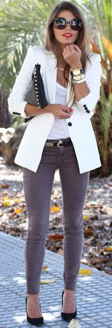 grey jeans ( have them!) with Ankle Boots, white blazer, white shirt and gold jewlery