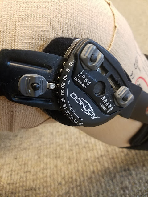 photo of a leg in a knee brace showing angle markings