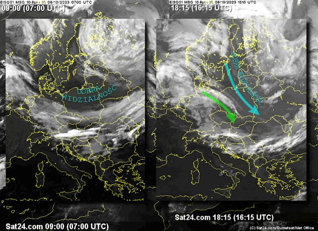 Mapka satelitarna (podczerwień) 8.10.2023 godz. 9:00 oraz 18:15