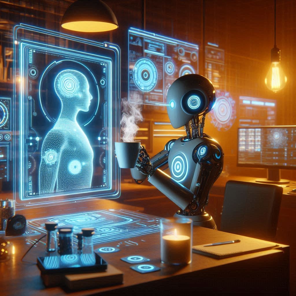 A futuristic AI agent brewing coffee in a high-tech digital lab, surrounded by glowing data streams and holographic interfaces, cozy warm lighting, minimal cyberpunk aesthetic, 3D render style, for a tech blog cover