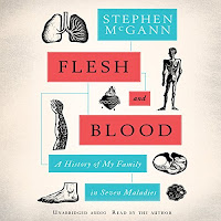 Flesh and Blood: A History of My Family in Seven Maladies audiobook cover. Scientific drawings of lungs, a skeleton, a heart, a foot, and other things surround the title "flesh and blood" highlighted in red.