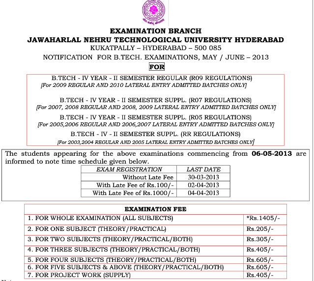 jntuh Btech  hyderabad 4-2 Regular, Supple Exam Fee Notification 2013 R09, R07, R05,RR