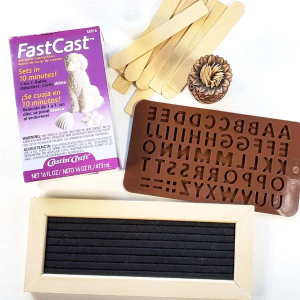 SUPPLIES NEEDED FOR FAST CAST RESIN LETTERBOARD LETTERS: FastCast Resin (8 oz is plenty) Alphabet Silicone Mold Toothpicks Letterboard Mixing Cups, Stirring Sticks, Disposable Gloves and Worksurface mold release