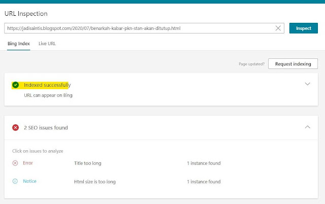 halaman telah berhasil di index bing webmaster