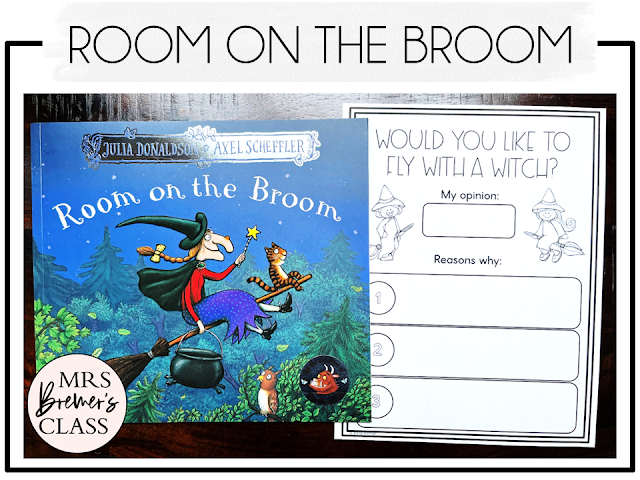 Room on the Broom book activities unit with read aloud companion printables, reading comprehension worksheets, literacy lesson ideas, and a craft for Halloween in Kindergarten, First Grade, and Second Grade