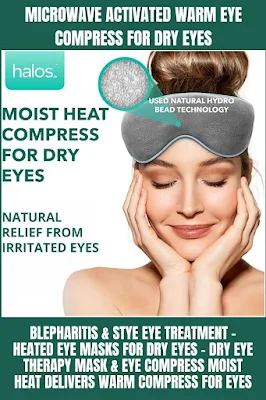 The Microwave Activated Warm Eye Compress is a special mask that helps treat dry eyes, blepharitis, and styes. It's heated in the microwave and then placed over the eyes. The warm compress helps soothe dry eyes and provides relief.