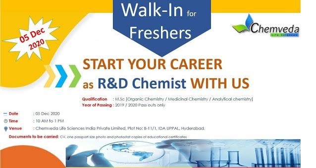 Chemveda Lifesciences | Walk-in for Freshers in R&D on 5th Dec 2020