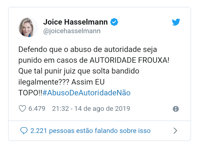 Resultado de imagem para joice hasselmann que tal punir juiz que solta bandido ilegalmente