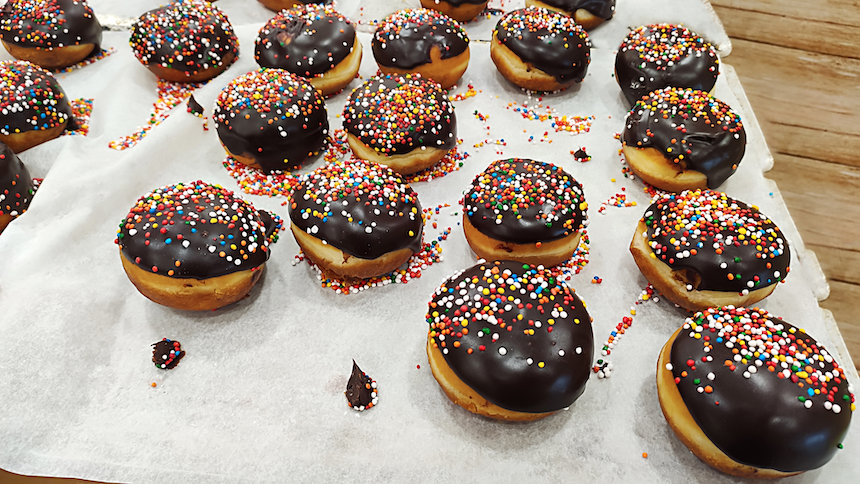 Brandy Doughnuts With Dark Chocolate Marzipan and Strawberry Confiture