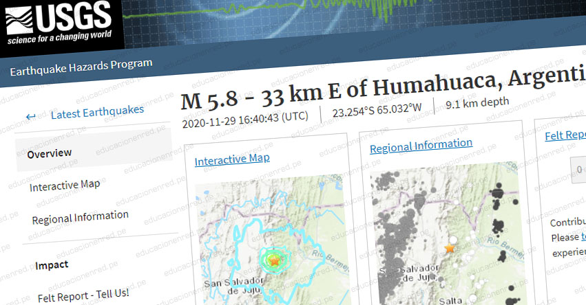Temblor en Argentina de Magnitud 5.8 (Hoy Domingo 29 Noviembre 2020) Sismo Terremoto Epicentro - Humahuaca - Mendoza - INPRES - www.inpres.gob.ar