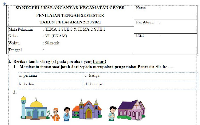 Soal PTS/ UTS  Kelas 6 K13 Semester 1 Tahun Pelajaran 2020/ 2021