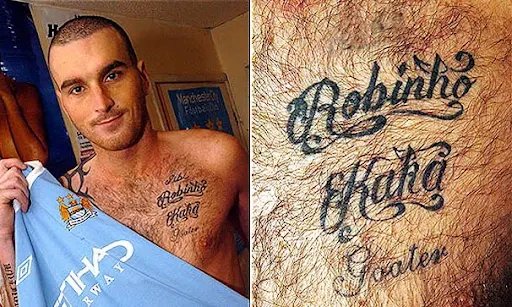 Manchester City fan Christopher Atkinson inks Kaká's name on his chest