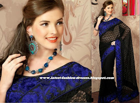 MODEL IN BLACK COLOUR AND  BLUE FRENCH LACE SAREE