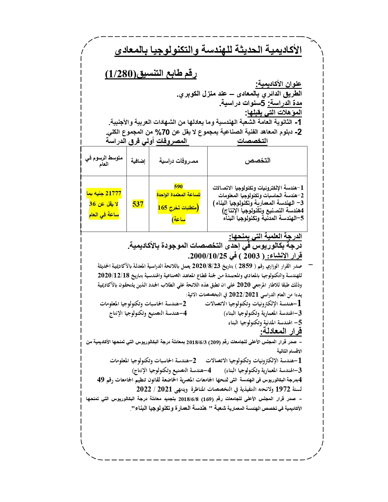 الأكاديمية الحديثة للهندسة والتكنولوجيا بالمعادى «مصروفات ومعلومات عنه»