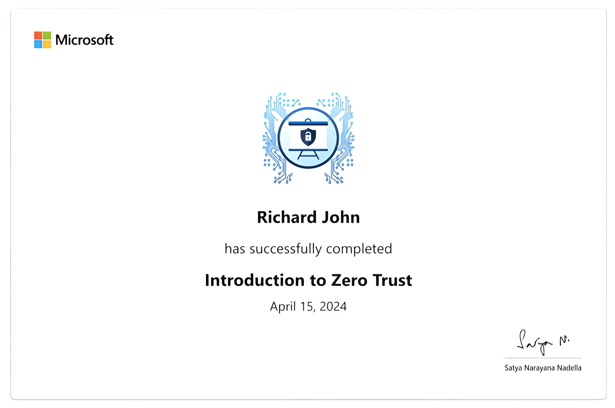 Microsoft AI Cloud Partner Program: Introduction to Zero Trust. Learning Achievement. Successfully Completed by Richard John.