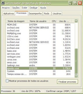 SPOOLSV.exe consumindo praticamente 100% de CPU