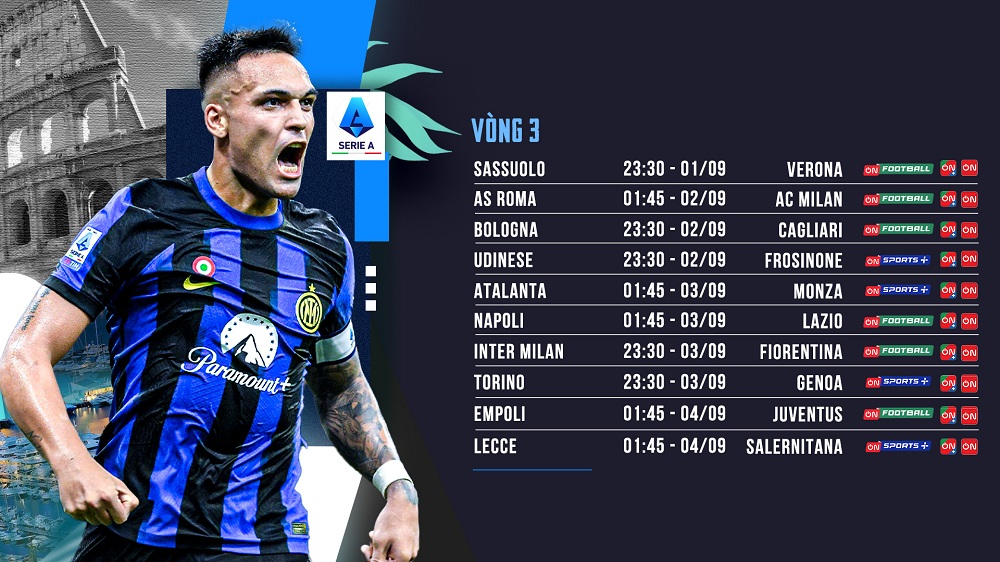 Lịch tường thuật trực tiếp vòng 3 Serie A 2023/24 trên VTVcab