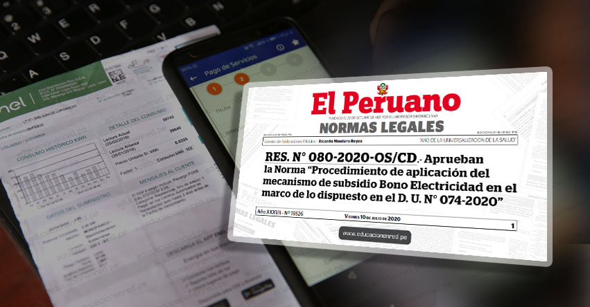 YA ES OFICIAL: Aprueban procedimiento para implementar beneficio «Bono Electricidad» de S/ 160 (RES. N° 080-2020-OS/CD)