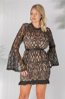 Rochie Deea bej cu dantela neagra si maneci evazate