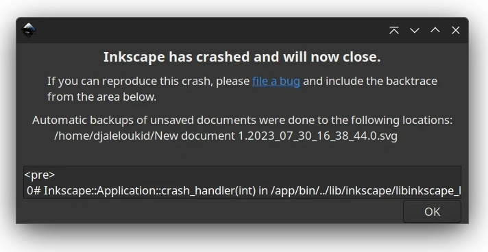 Inkscape 1.3 Crash Dialog