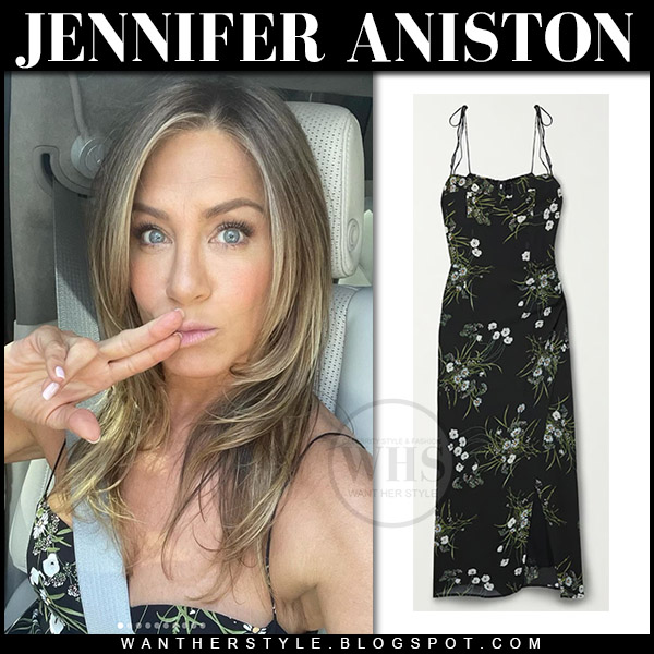 Jennifer Aniston in black floral print midi dress
