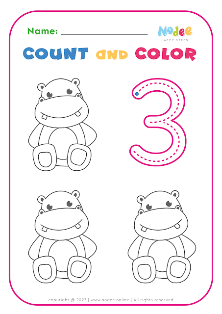 Color - Trace and Color Number three Worksheet for Kids