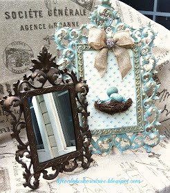 Annie Sloan Chalk Paint Duck Egg Blue, Gold gilding wax, bird's nest, eggs, burlap bow, wall art