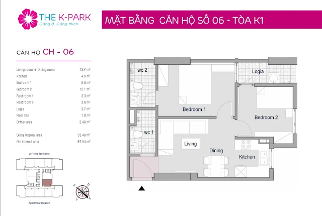 Thiết kế căn hộ 53m với 02 phòng ngủ tại The K-Park