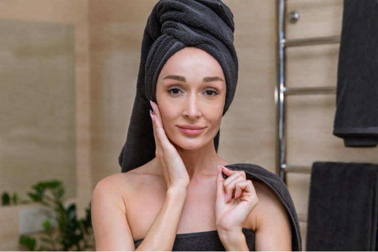 woman with hair in towel