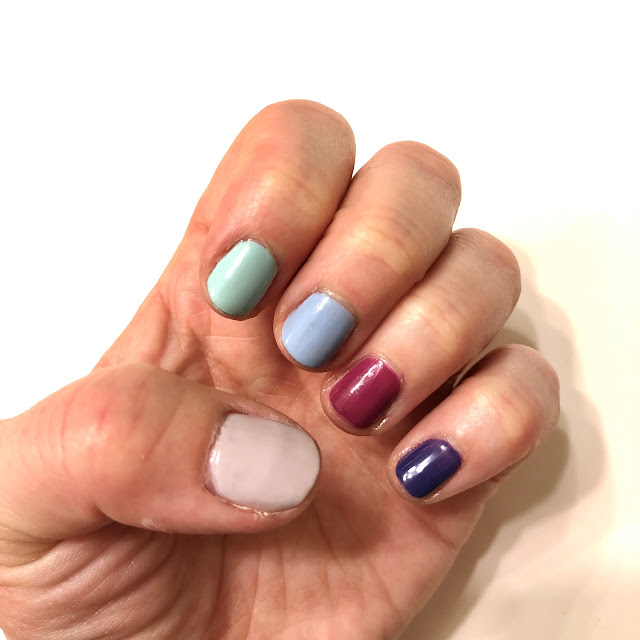 Essie, Essie nail polish, Essie Neo Whimsical, Essie Bikini So Teeny, Essie Mint Candy Apple, Essie DJ Play That Song, Essie All Access Pass, Skittles nails, spring nails, nails, nail polish, nail lacquer, nail varnish, manicure, #ManiMonday