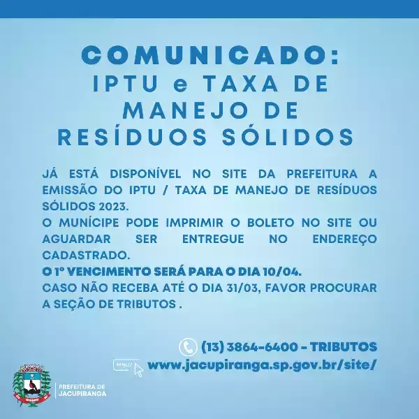Comunicado - IPTU e taxa de manejo de resíduos sólidos em Jacupiranga