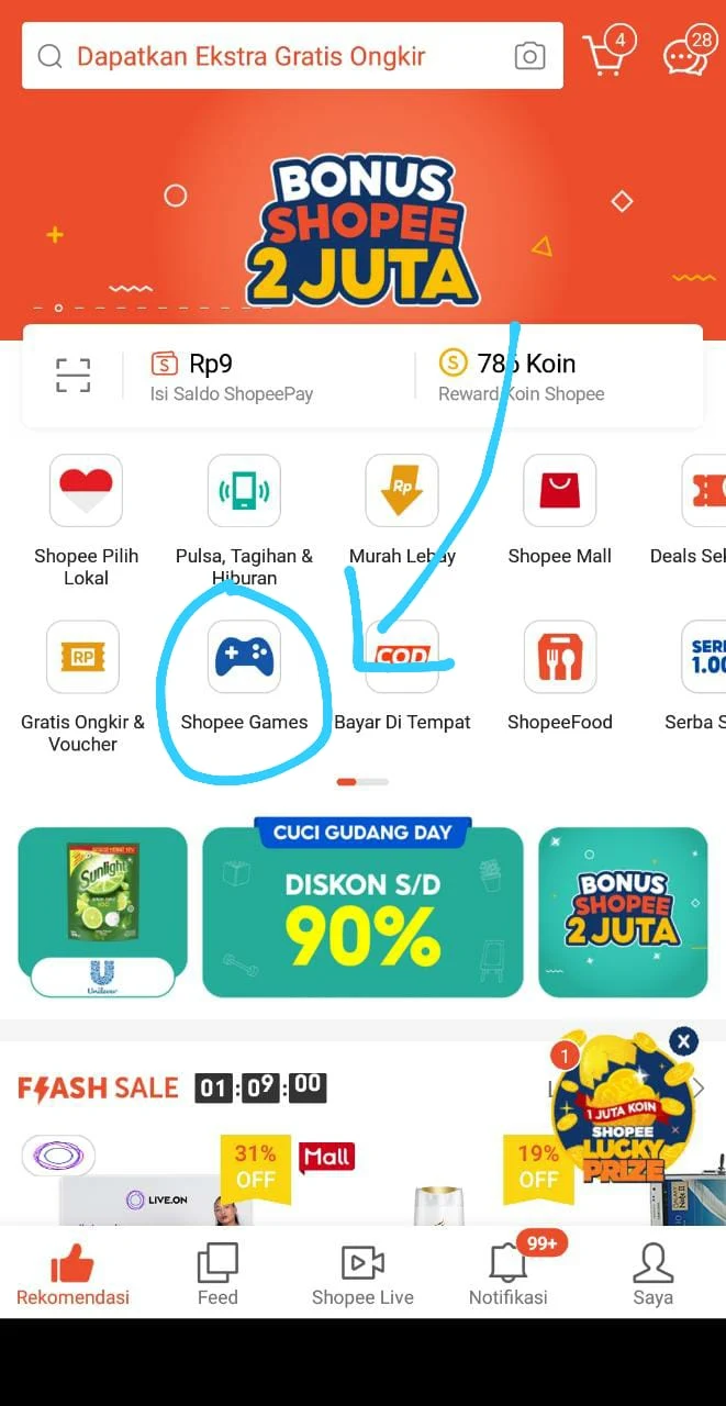 Buka aplikasi Shopee, buka menu Shopee Games