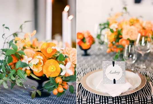 dukining svartvit, dukning orange svartvit, klassisk dukning orange, table setting orange black and white, tabel black and white, orange tablescape