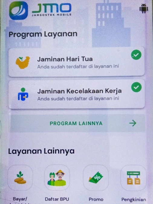 Tampilan halaman aplikasi JAMSOSTEK MOBILE (JMO) di HP Android