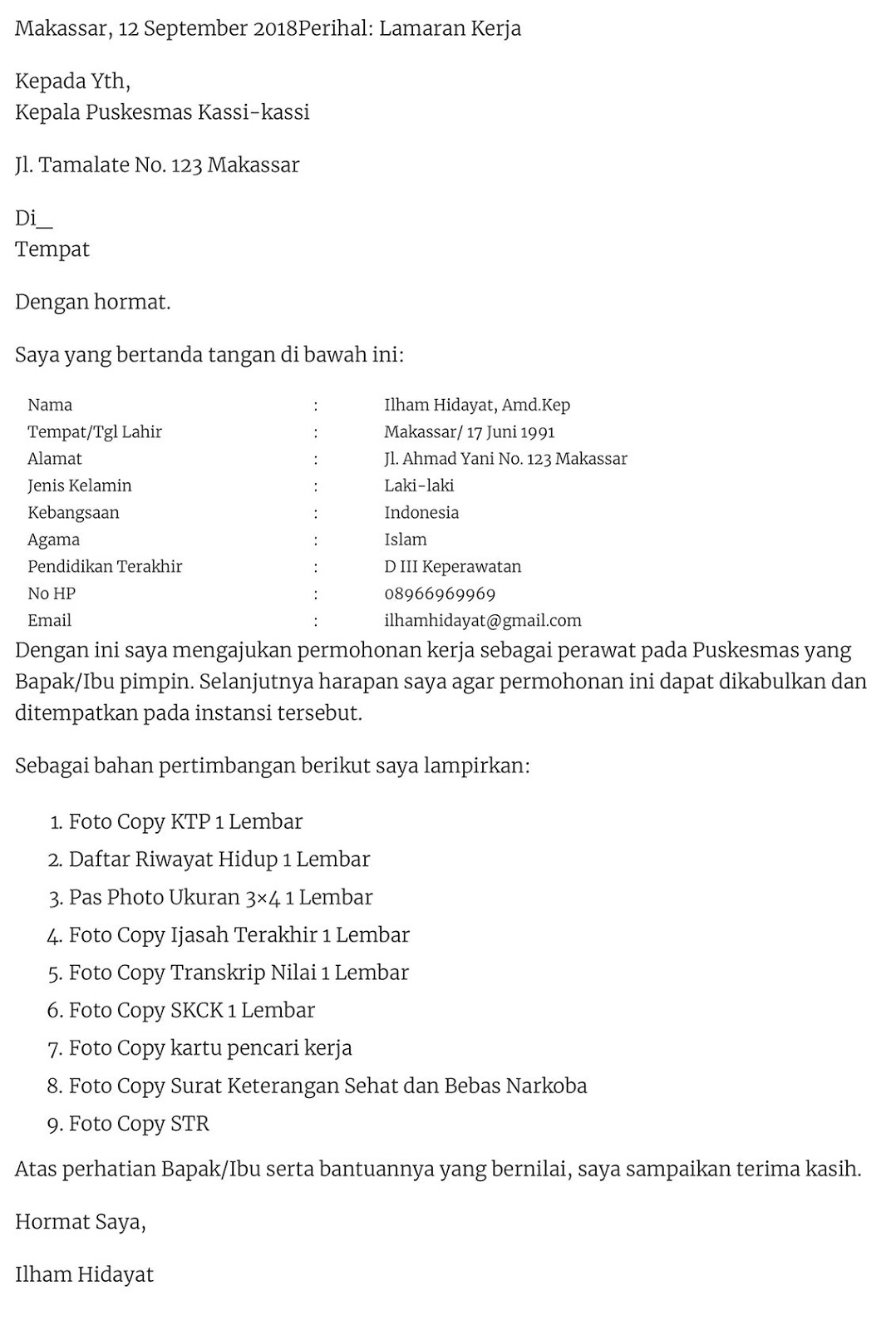 Contoh Surat Lamaran Kerja Lowongan Kerja Kalimantan Tengah