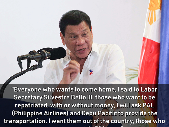 President Rodrigo Duterte  was furious about the latest report of death of a Filipino woman who was found inside a freezer in an abandoned flat in Kuwait, saying he is ready to take “drastic measures” to prevent further loss of lives among overseas Filipino workers (OFWs) in Kuwait and other Gulf nations.  In a press conference in Davao, President Duterte said that Filipinos are not slave to anyone.  Out of his genuine concern for the Overses filipino Workers (OFWs), Duterte could not hold back his anger after reading the news about the death of Joanna Daniela Demafelis.         Duterte again reiterated that he does not want any quarrel with the Arab nations, but he appeal that the governments of these countries to ensure that OFWs in the Middle East are treated right.    “What are you doing to my countrymen? And if I were to do it to your citizens here, would you be happy?” Duterte asked.    “Is there something wrong with your culture? Is there something wrong with the values?”   President Duterte said that he must do something to stop the inhumane treatment to the OFWs, saying that it is useless to be in the position as president if he cannot do anything about it.    The deployment ban of OFWs to Kuwait enforced last month stays indefinitely.  Sponsored Links  President Duterte also directed Labor Secretary Silvestre Bello III to repatriate every Filipinos  in Kuwait who wants to go home in 72  hours. He said that he will ask the help of the airline companies in the Philippines for the transportation.    The President recently met with Kuwait Ambassador to the Philippines Saleh Ahmad Althwaikh and was invited to visit the Gulf state.           Advertisements  Read More:  Body Of Household Worker Found Inside A Freezer In Kuwait; Confirmed Filipina  Senate Approves Bill For Free OFW Handbook    Overseas Filipinos In Qatar Losing Jobs Amid Diplomatic Crisis—DOLE How To Get Philippine International Driving Permit (PIDP)    DFA To Temporarily Suspend One-Day Processing For Authentication Of Documents (Red Ribbon)    SSS Monthly Pension Calculator Based On Monthly Donation    What You Need to Know For A Successful Housing Loan Application    What is Certificate of Good Conduct Which is Required By Employers In the UAE and HOW To Get It?    OWWA Programs And Benefits, Other Concerns Explained By DA Arnel Ignacio And Admin Hans Cacdac   ©2018 THOUGHTSKOTO  www.jbsolis.com   SEARCH JBSOLIS, TYPE KEYWORDS and TITLE OF ARTICLE at the box below